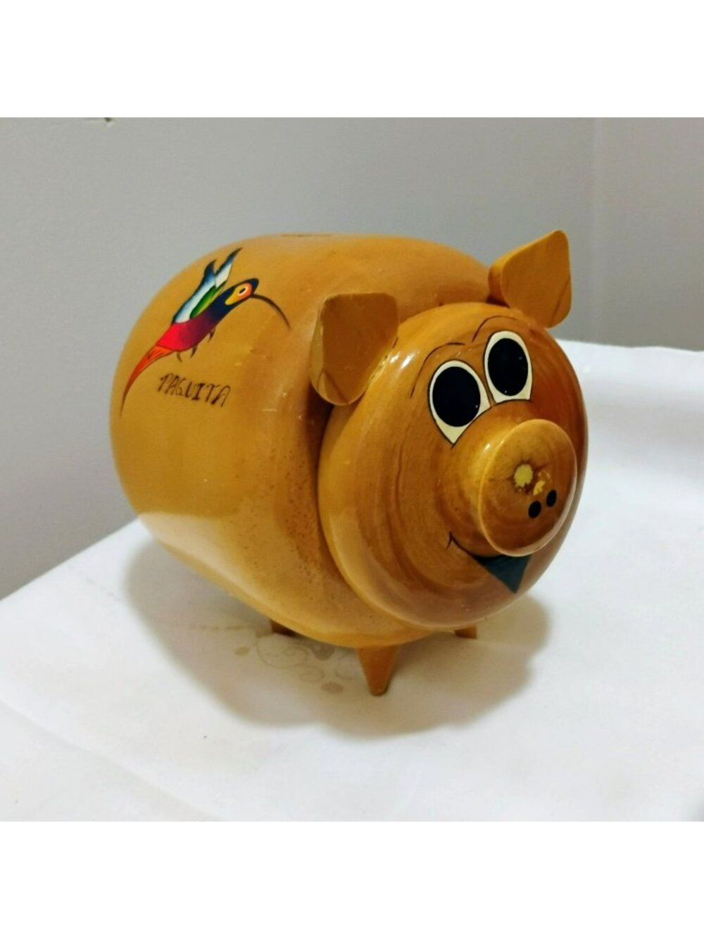 Vintage Hand Painted Wood Piggy Bank Mystery Coins Lacquer Folk Art Hummingbird